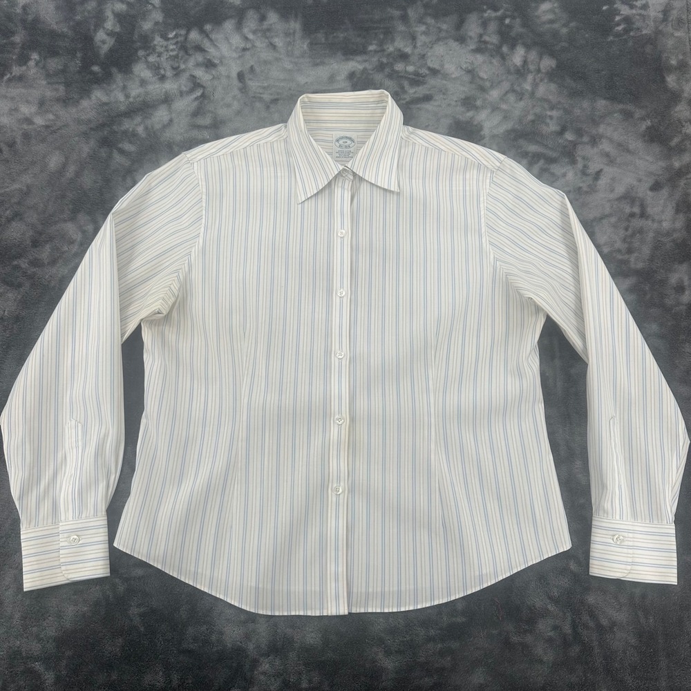 Brooks Brothers Petite Fitted Non-Iron Stretch Striped Shirt White Blue Tan 12P - Picture 2 of 6